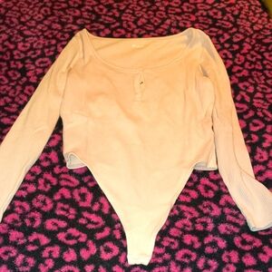 PINK Victoria's Secret Ribbed Long Sleeve Scoop Bodysuit - Light Beige